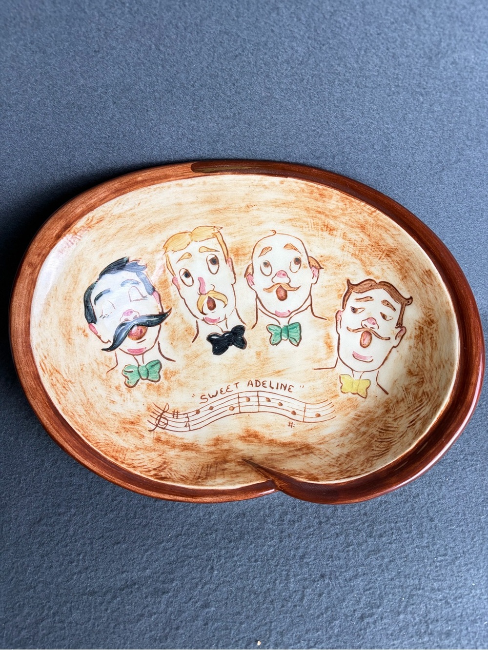 Vintage Pennsbury Pottery Sweet Adeline Barbershop Quartet Redwear Pretzel Bowl